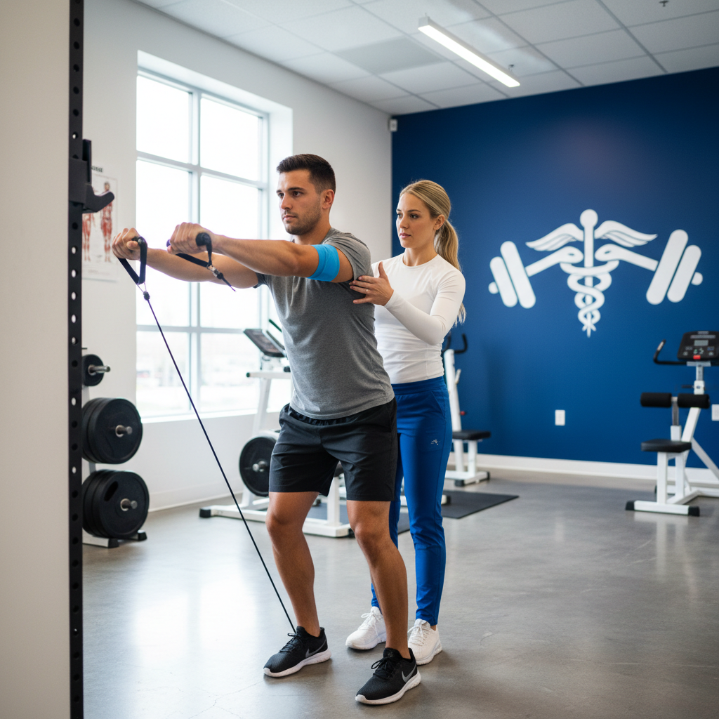 Physiotherapist guiding a patient through rehab exercise